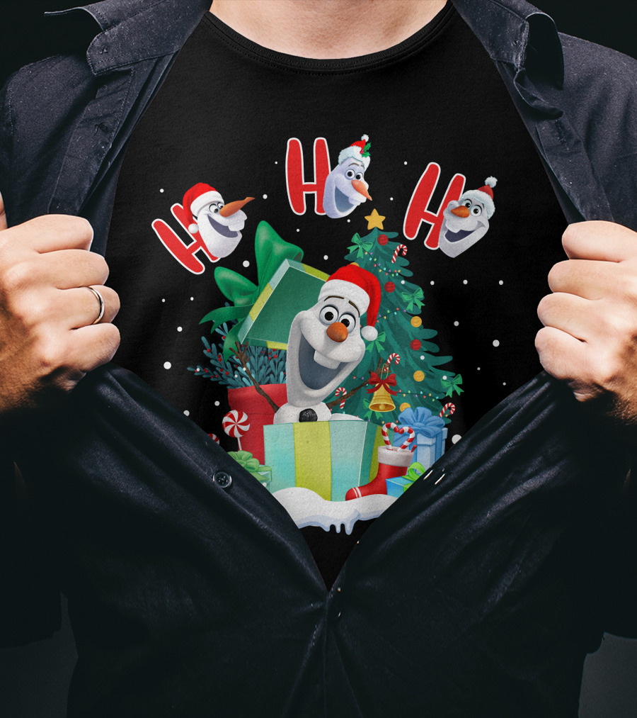 Olaf Christmas Santa Hat Presents Snowman Festive Holiday Tree Ho Ho Ho T-Shirt