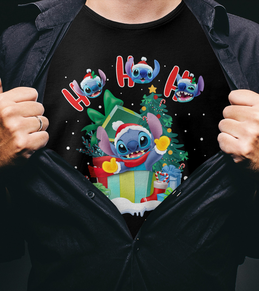 Stitch Holiday Ho Ho Ho Christmas Tree Presents T-Shirt