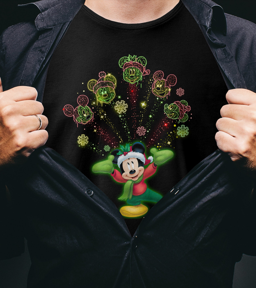 Mickey Mouse Christmas Holiday Cheer With Festive Lights And Snowflakes T-Shirt
