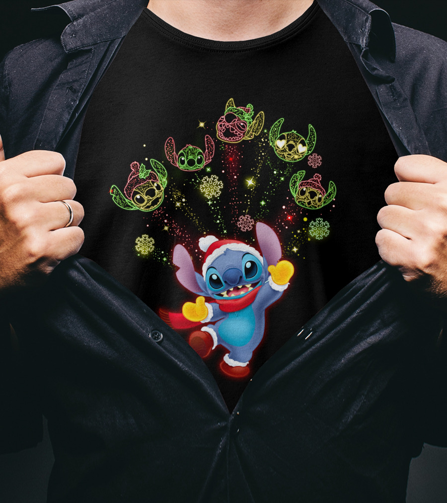 Stitch Holiday Festive Celebration With Santa Hat And Colorful Lights T-Shirt