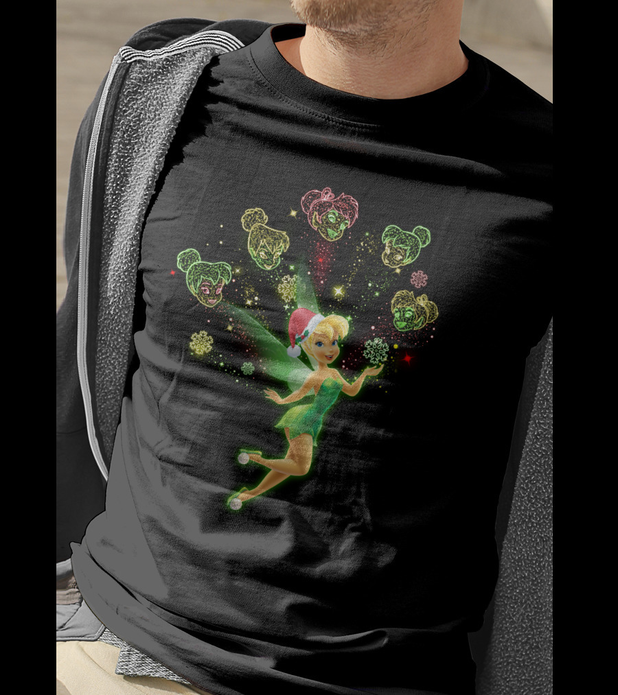 Tinkerbell Christmas Holiday Magic With Santa Hat And Glittering Stars T-Shirt
