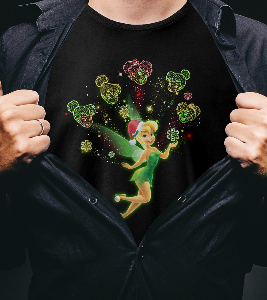 Tinkerbell Christmas Holiday Magic With Santa Hat And Glittering Stars T-Shirt