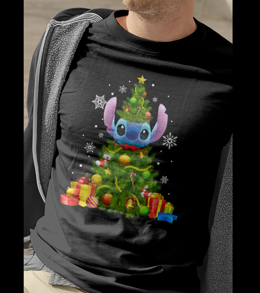 Stitch Christmas Tree With Gifts And Snowflakes T-Shirt