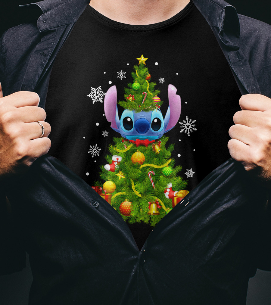 Stitch Christmas Tree With Gifts And Snowflakes T-Shirt