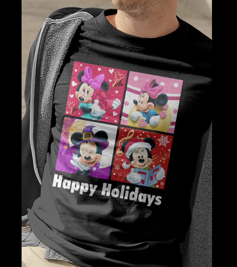 Minnie Happy Holidays With Hearts Bows Witch Hat Santa Hat And Gifts T-Shirt