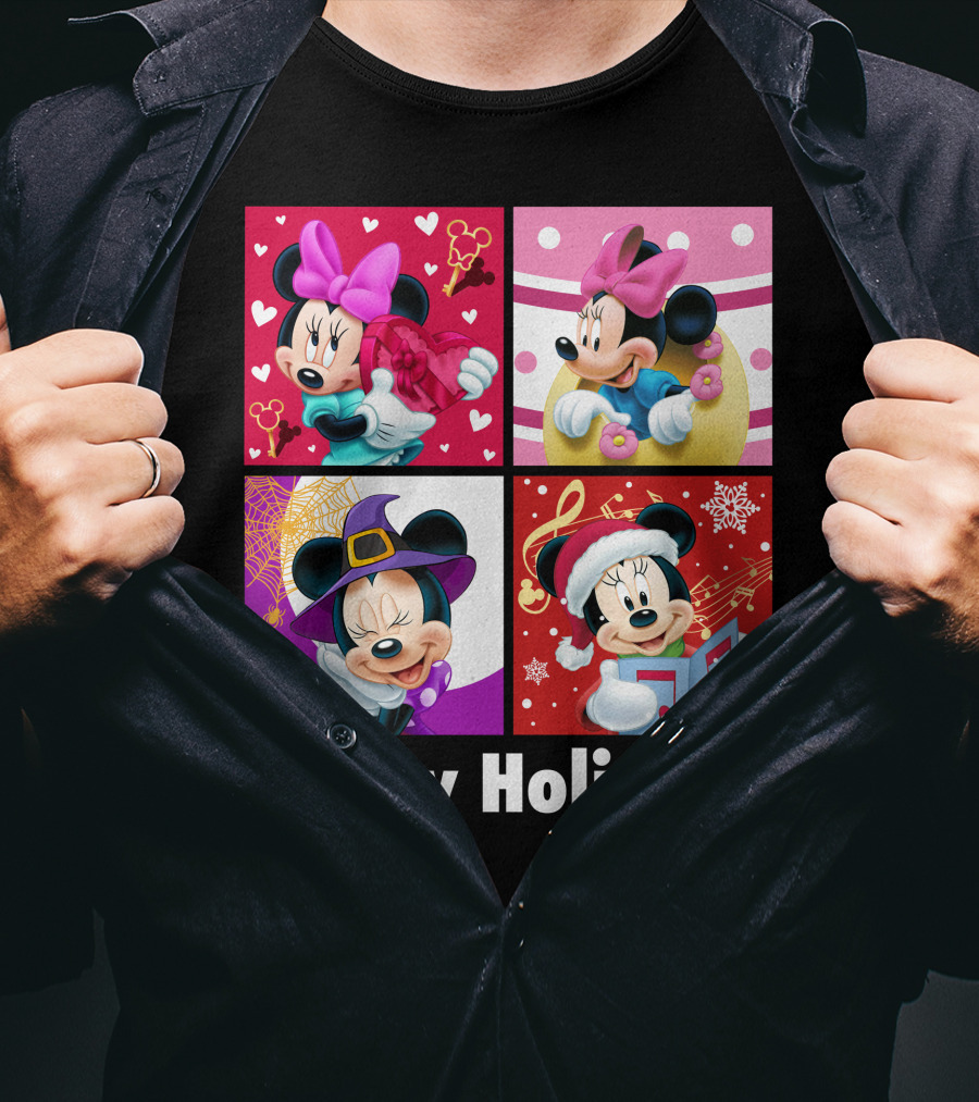 Minnie Happy Holidays With Hearts Bows Witch Hat Santa Hat And Gifts T-Shirt