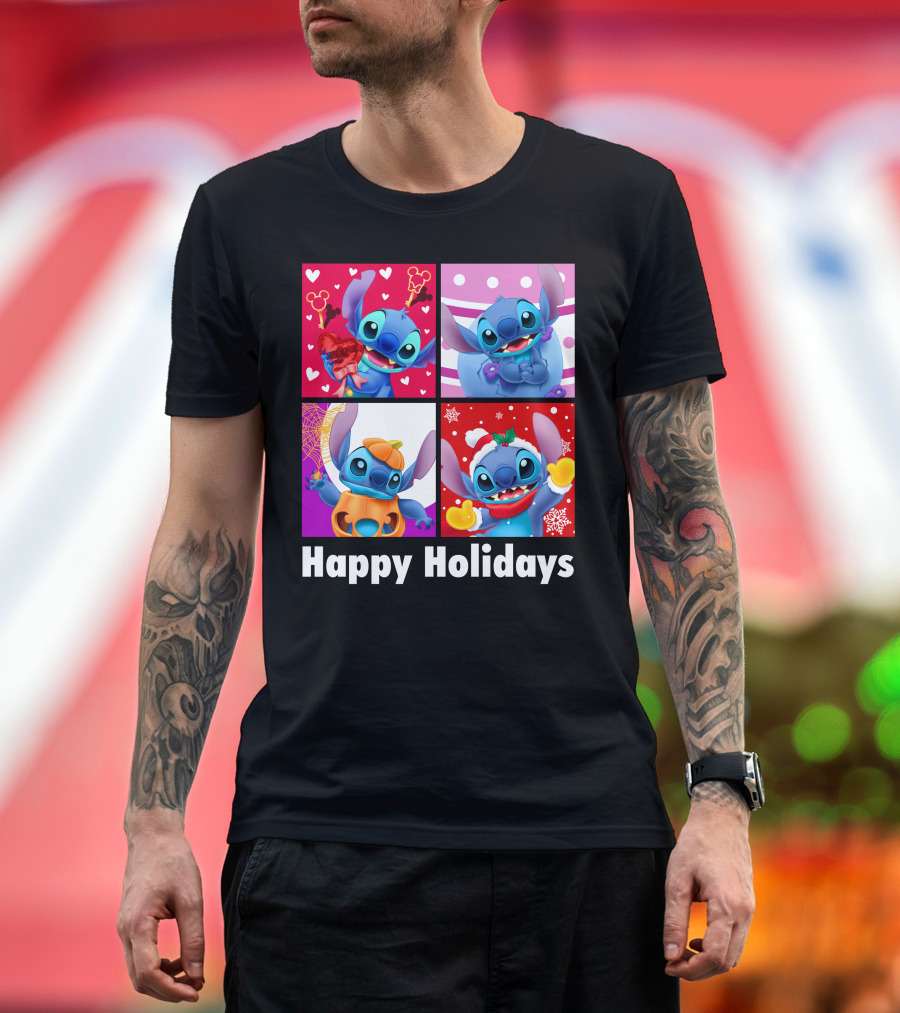 Happy Holidays Stitch Seasonal Mickey Hearts Christmas Pumpkin T-Shirt