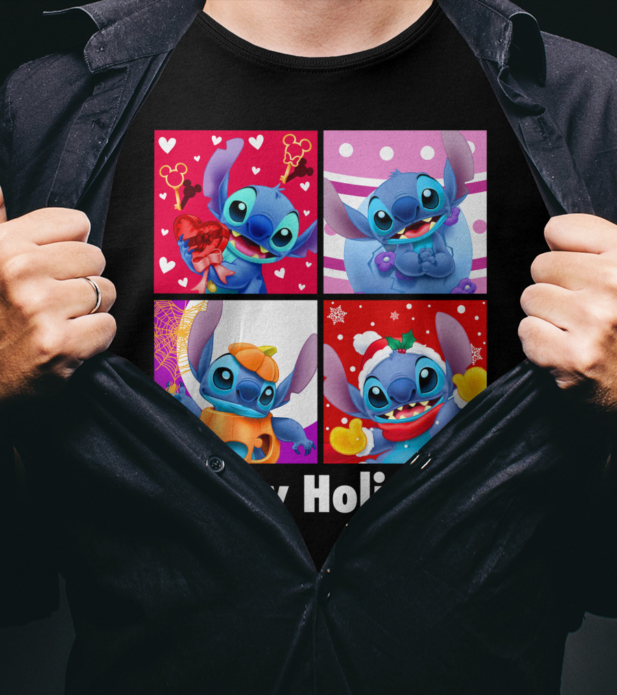 Happy Holidays Stitch Seasonal Mickey Hearts Christmas Pumpkin T-Shirt