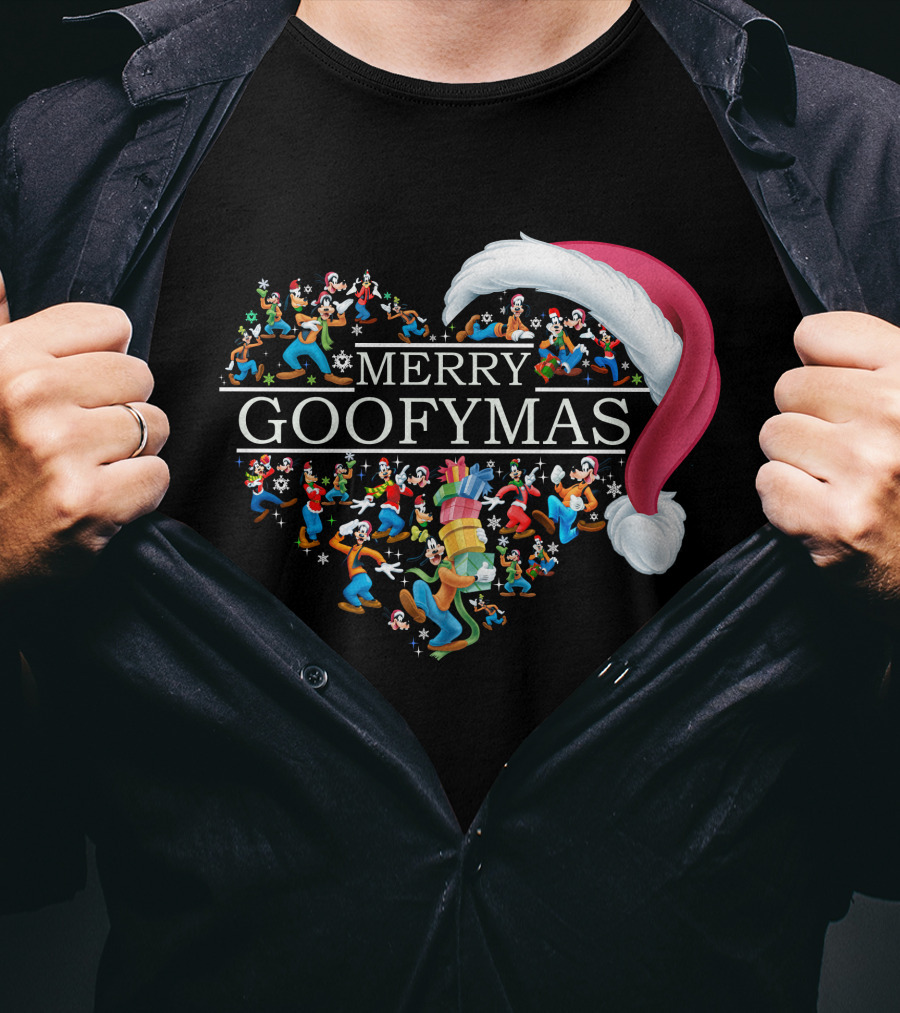 Merry Goofymas Santa Hat Heart Design With Goofy Characters T-Shirt
