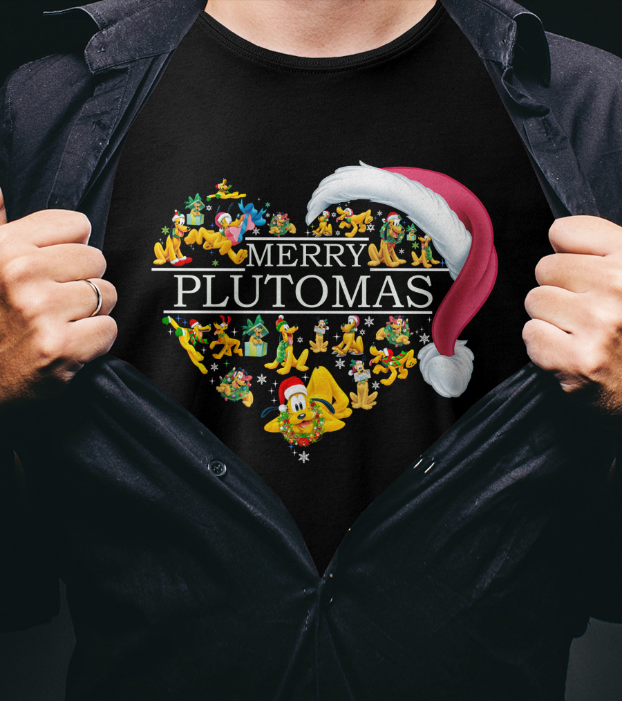 Merry Plutomas Heart With Santa Hat And Festive Pluto Characters T-Shirt