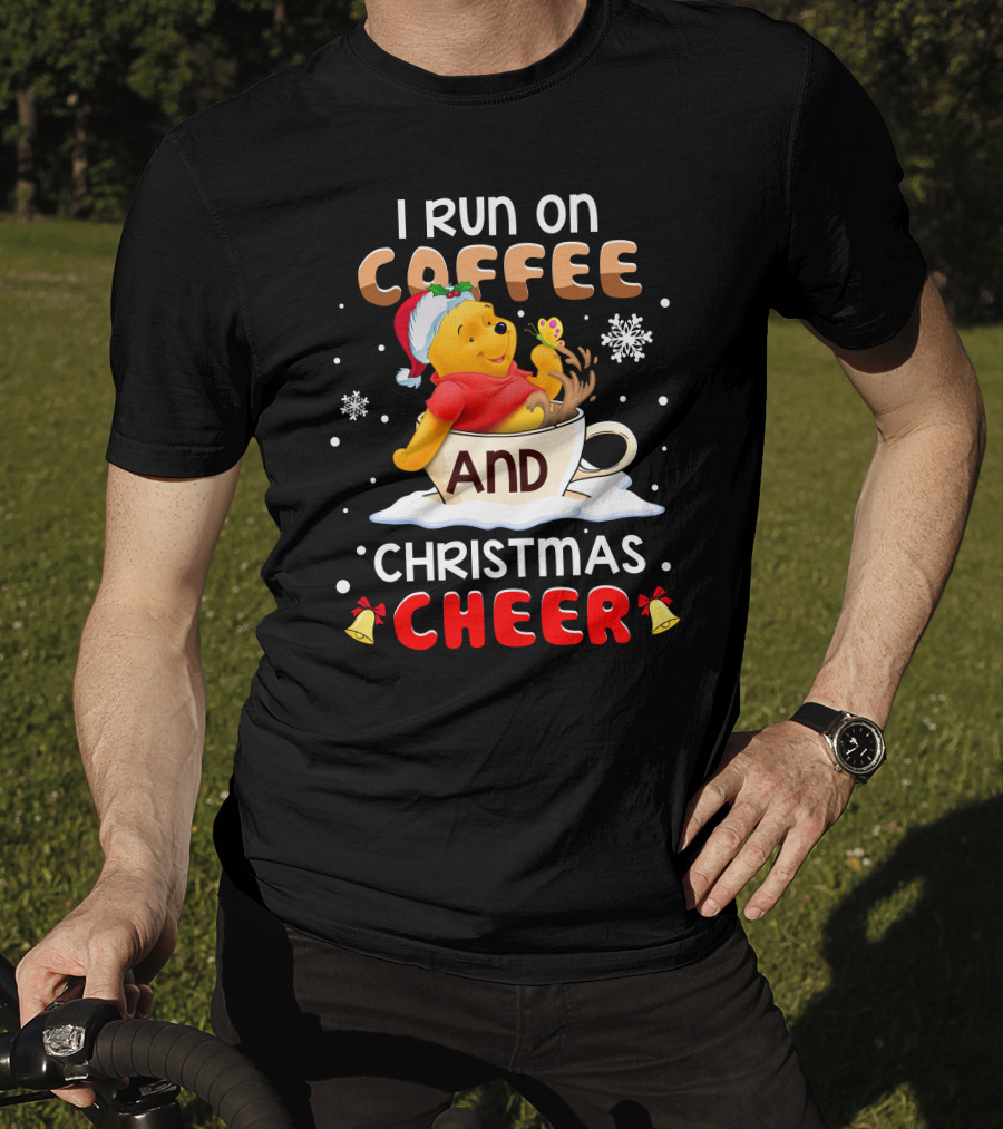 I Run On Coffee And Christmas Cheer Snowflakes Bells Santa Hat Cup Cartoon Bear T-Shirt