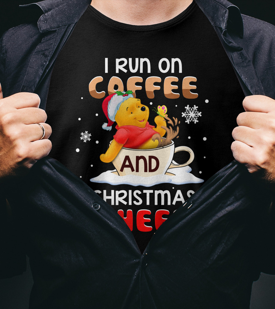 I Run On Coffee And Christmas Cheer Snowflakes Bells Santa Hat Cup Cartoon Bear T-Shirt
