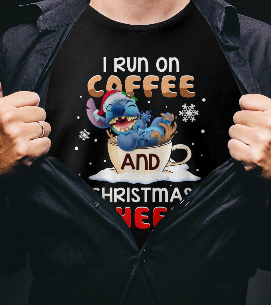 I Run On Coffee And Christmas Cheer Stitch Santa Hat Snowflakes Holiday T-Shirt