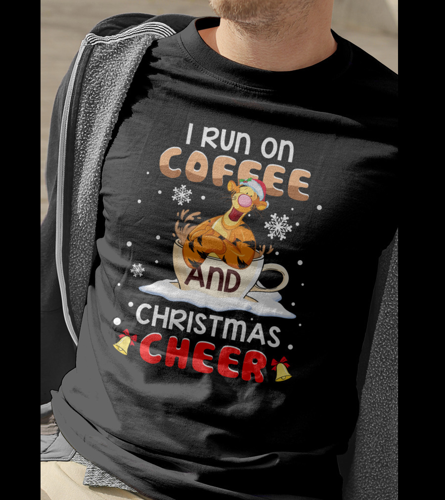 I Run On Coffee And Christmas Cheer Tigger Holiday Santa Hat Snowflakes Bells T-Shirt