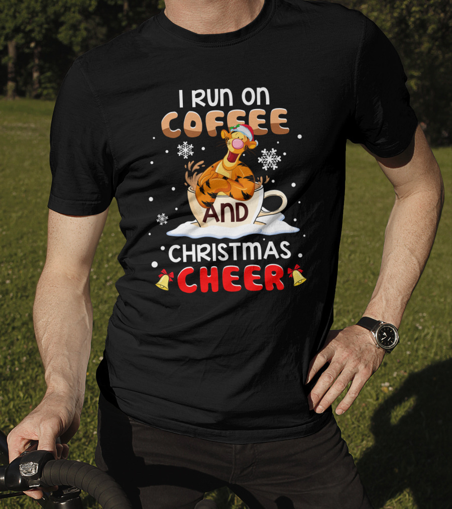 I Run On Coffee And Christmas Cheer Tigger Holiday Santa Hat Snowflakes Bells T-Shirt