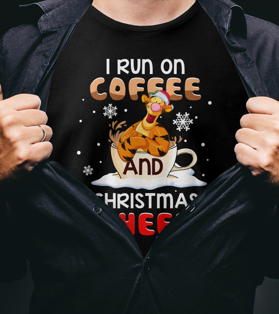 I Run On Coffee And Christmas Cheer Tigger Holiday Santa Hat Snowflakes Bells T-Shirt