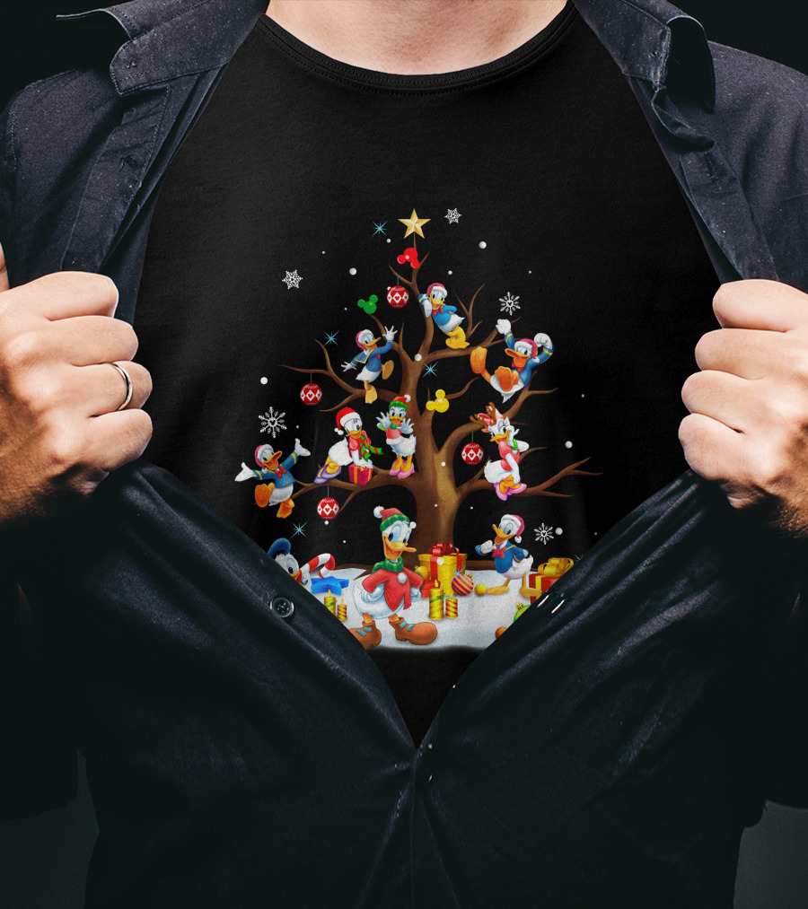 Donald Daisy Christmas Tree With Disney Characters And Snowflakes T-Shirt