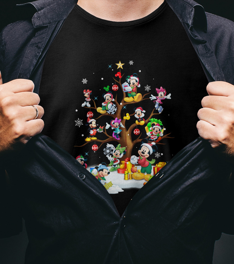 Mickey Minnie Christmas Holiday Tree With Gifts And Snowflakes T-Shirt