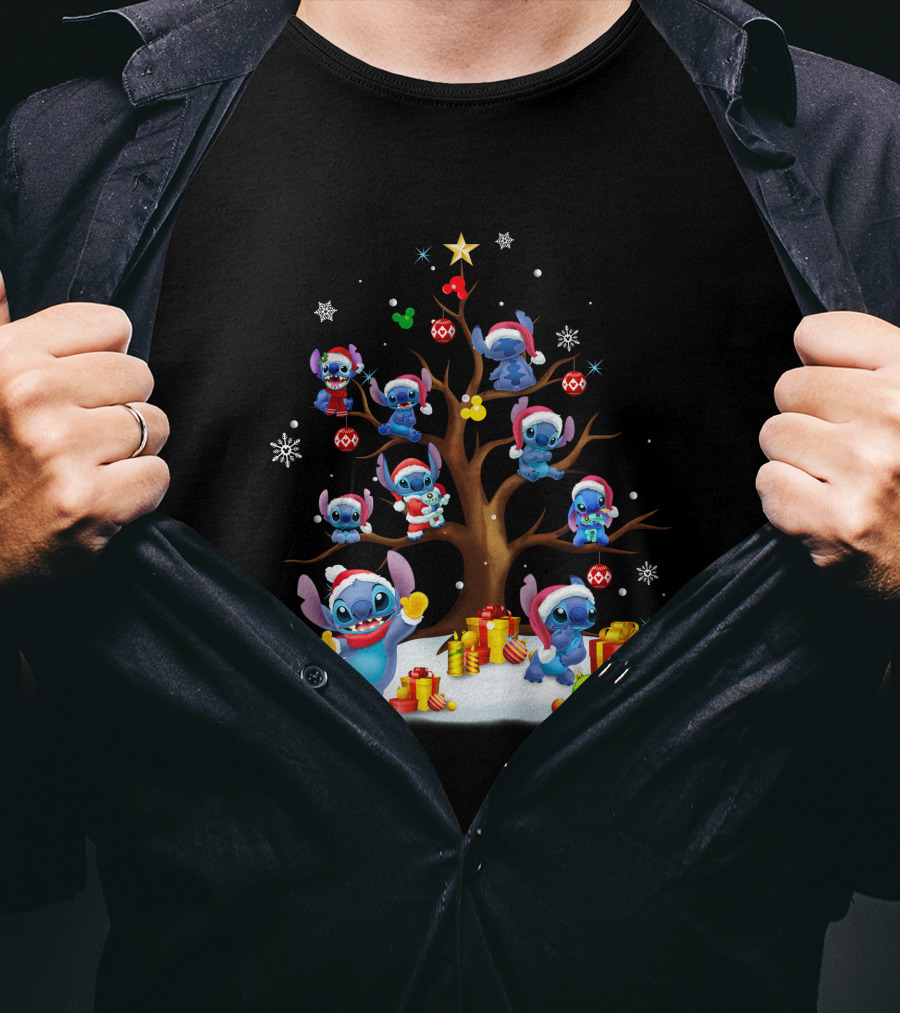 Stitch Christmas Tree With Santa Hats And Gifts T-Shirt