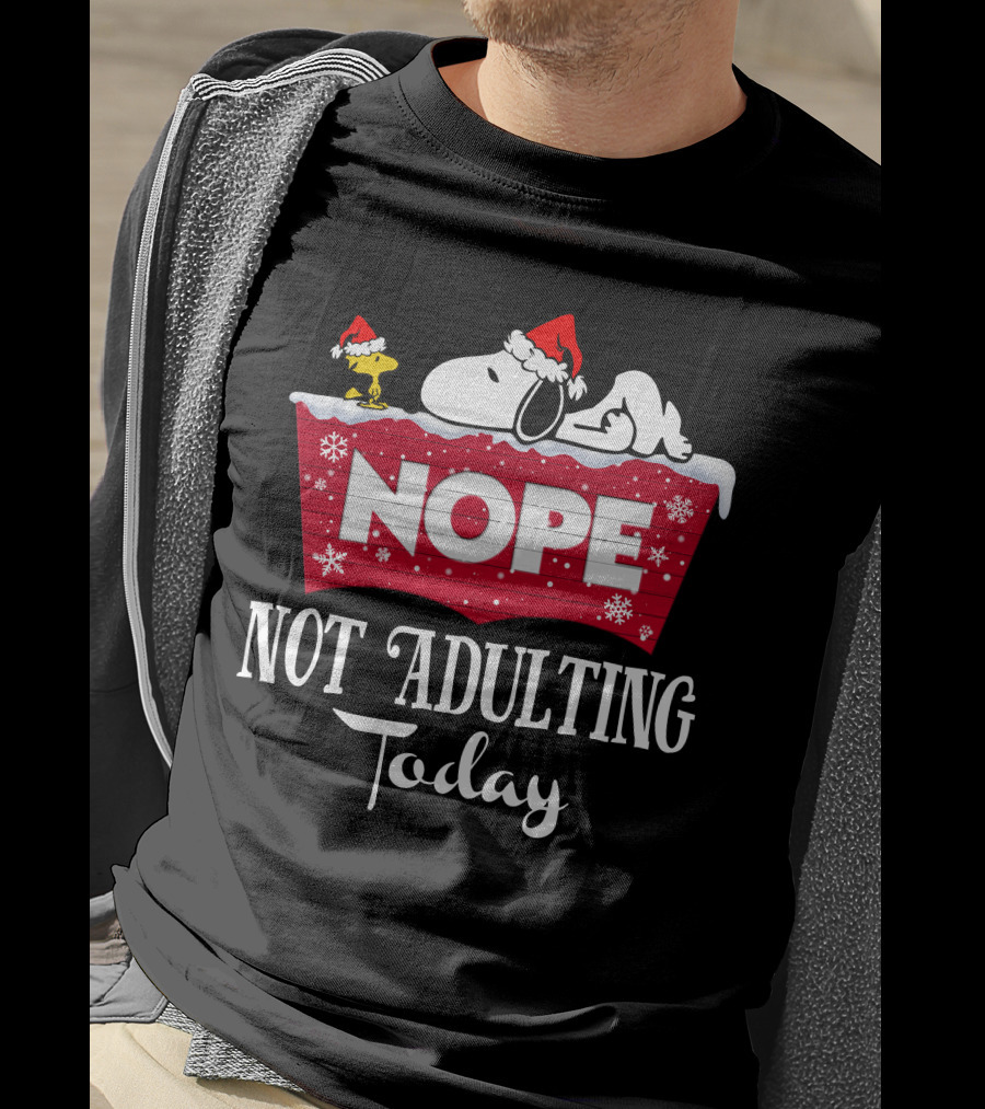 Snoopy Nope Not Adulting Today Christmas Santa Hat Snowflakes T-Shirt