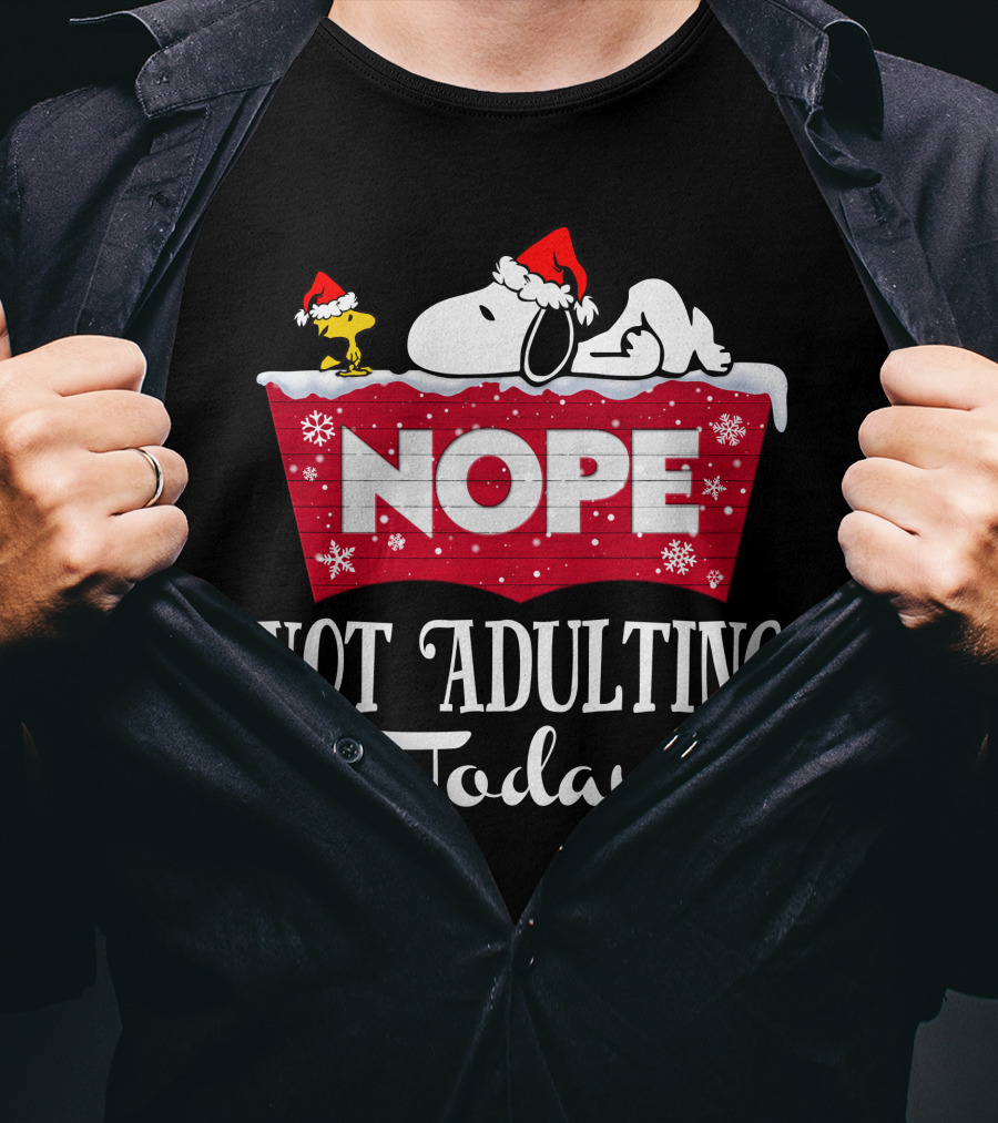 Snoopy Nope Not Adulting Today Christmas Santa Hat Snowflakes T-Shirt