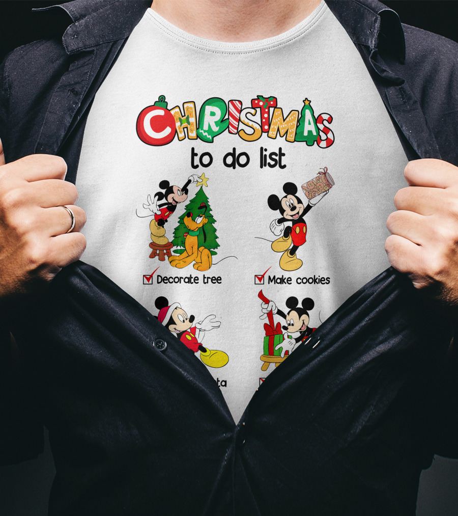 Christmas To Do List Mickey Decorate Tree Make Cookies Wait For Santa Wrap Gifts T-Shirt