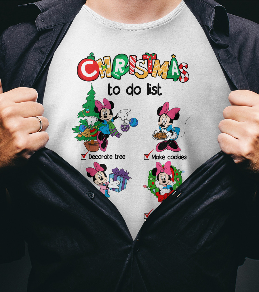 Minnie Christmas To Do List Decorate Tree Make Cookies Wrap Gifts Wait For Santa T-Shirt