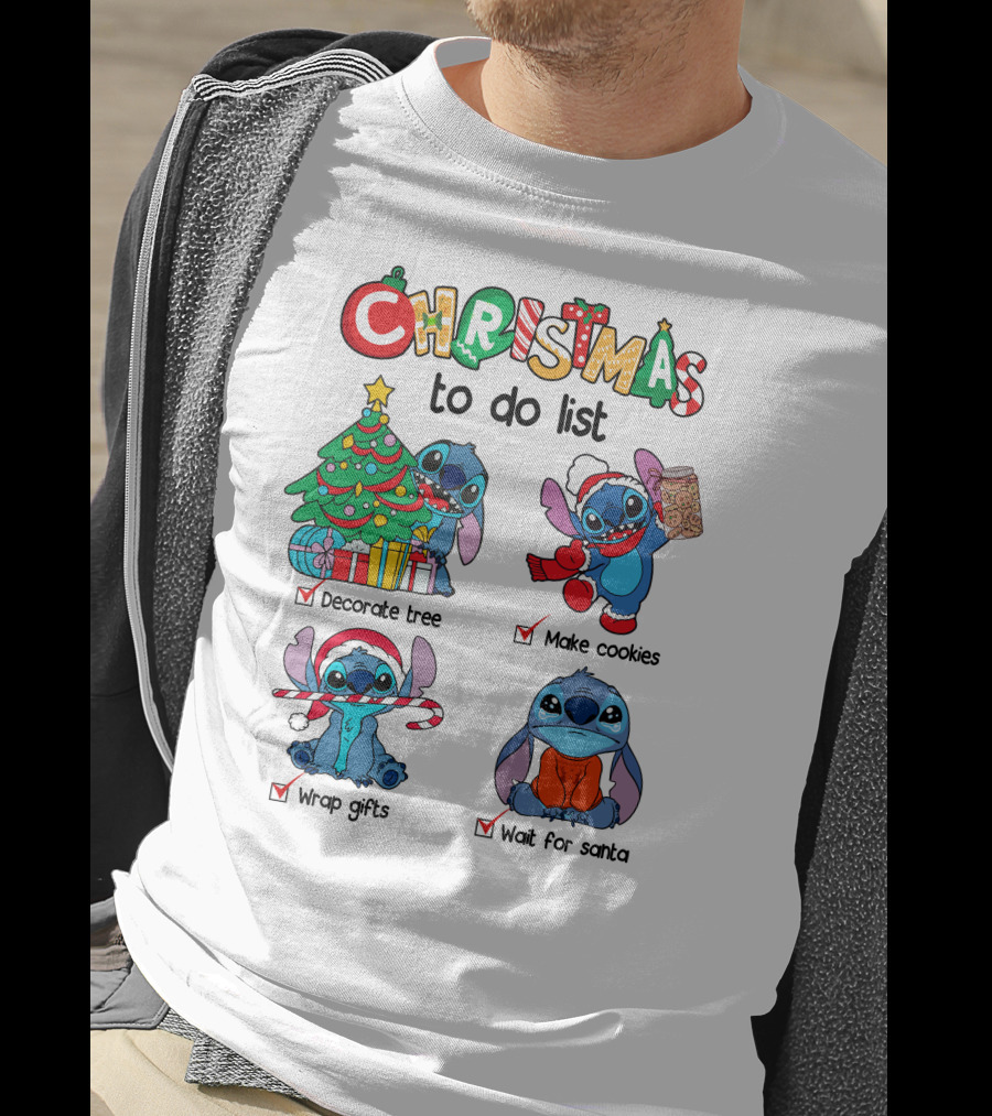 Christmas To Do List Decorate Tree Make Cookies Wrap Gifts Wait For Santa Stitch T-Shirt