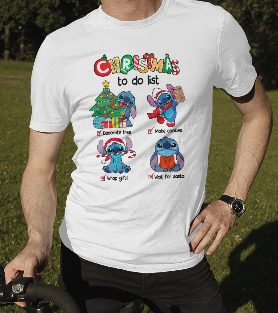 Christmas To Do List Decorate Tree Make Cookies Wrap Gifts Wait For Santa Stitch T-Shirt
