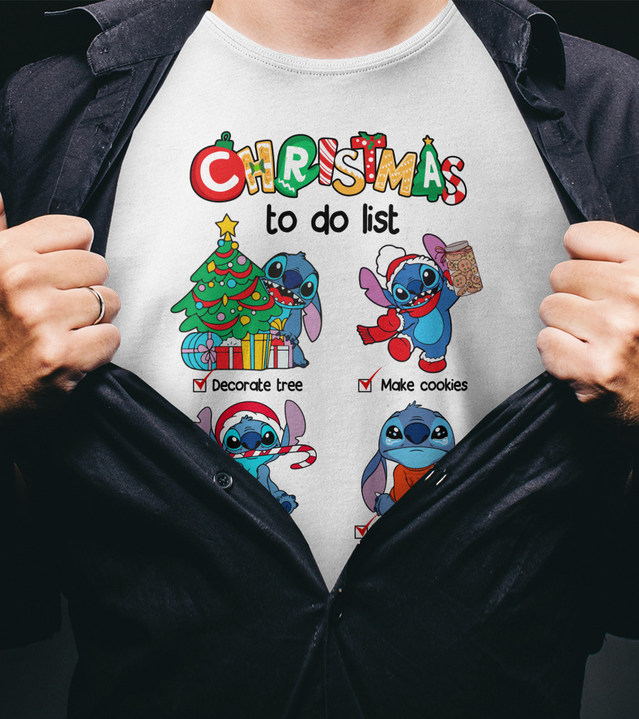 Christmas To Do List Decorate Tree Make Cookies Wrap Gifts Wait For Santa Stitch T-Shirt