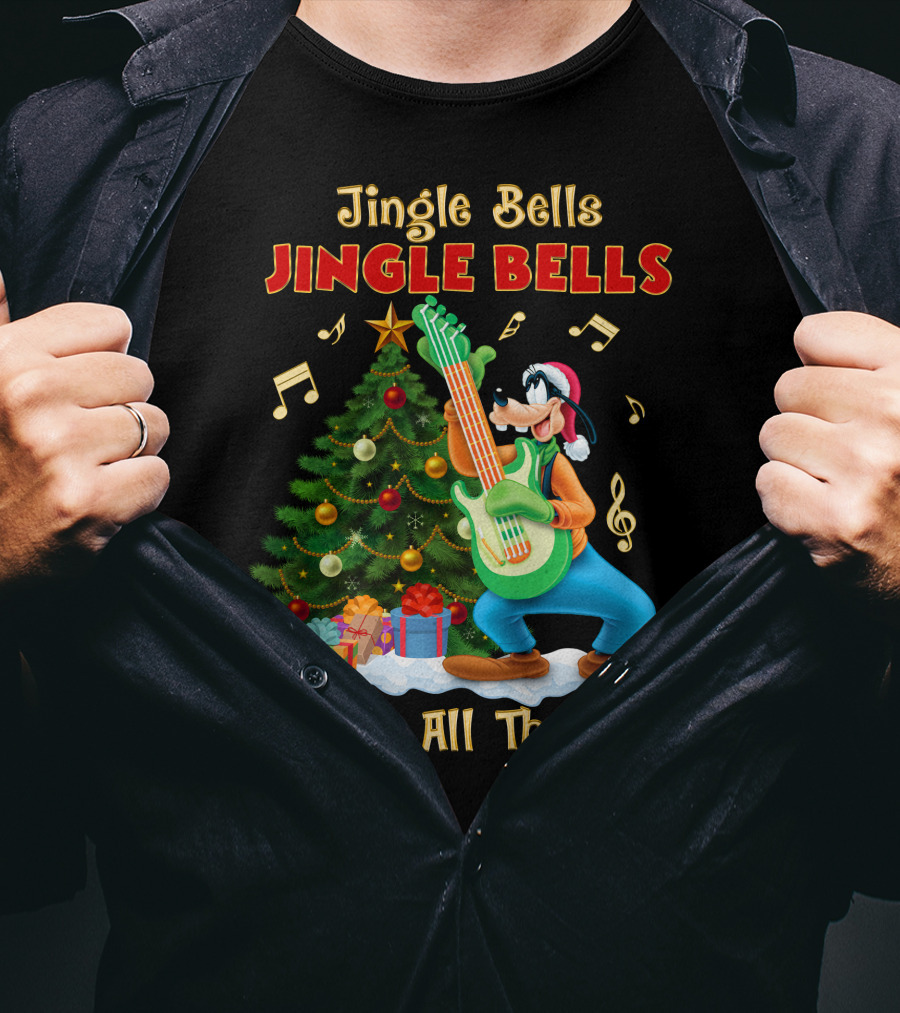 Jingle Bells Jingle Bells Jingle All The Way Goofy Christmas Tree Guitar T-Shirt
