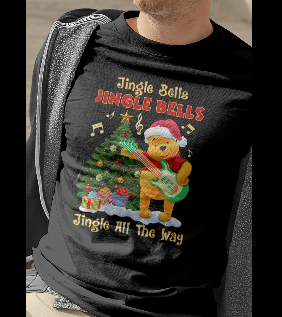 Jingle Bells Jingle Bells Jingle All The Way Christmas Tree Music Notes Pooh Santa Hat Guitar T-Shirt