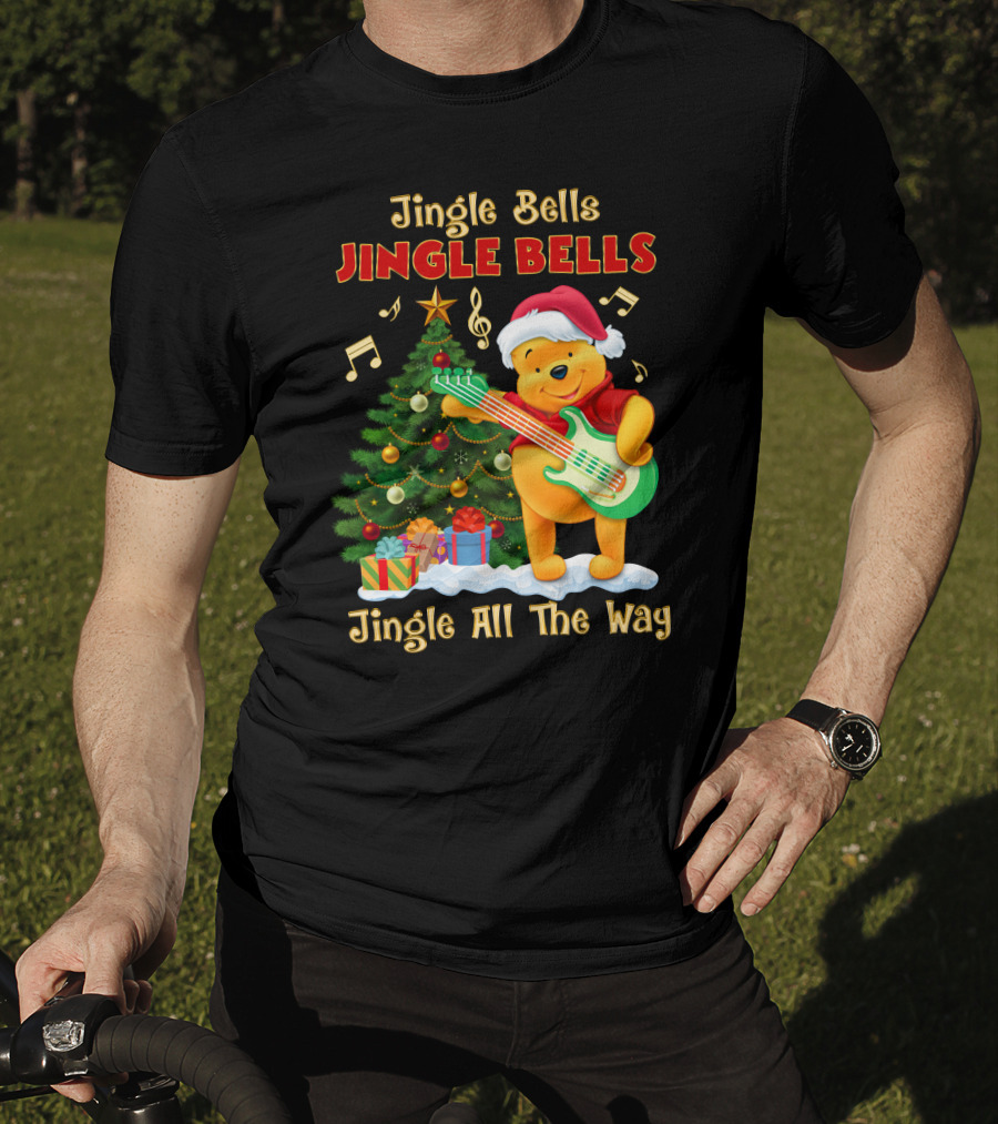 Jingle Bells Jingle Bells Jingle All The Way Christmas Tree Music Notes Pooh Santa Hat Guitar T-Shirt