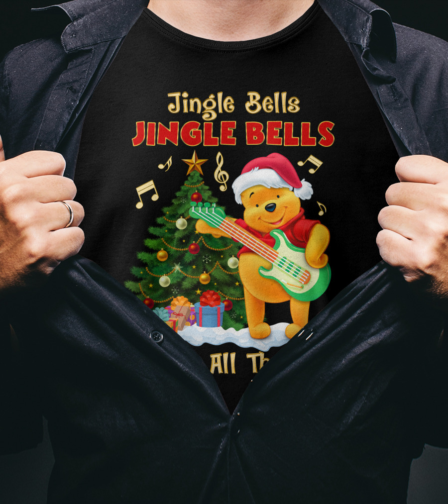 Jingle Bells Jingle Bells Jingle All The Way Christmas Tree Music Notes Pooh Santa Hat Guitar T-Shirt