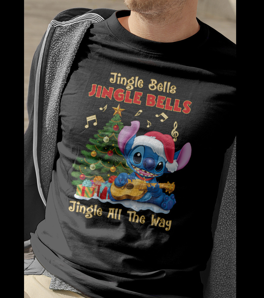 Jingle Bells Jingle Bells Jingle All The Way Stitch Christmas Tree Ukulele T-Shirt