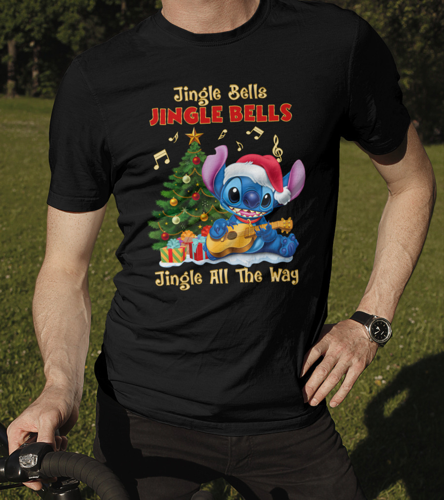 Jingle Bells Jingle Bells Jingle All The Way Stitch Christmas Tree Ukulele T-Shirt