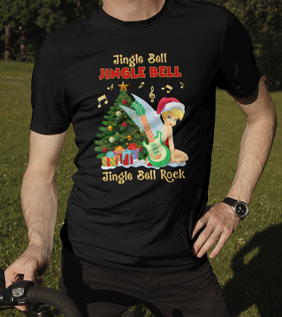 Jingle Bell Jingle Bell Jingle Bell Rock Christmas Tinkerbell Santa Hat Guitar Tree Music T-Shirt
