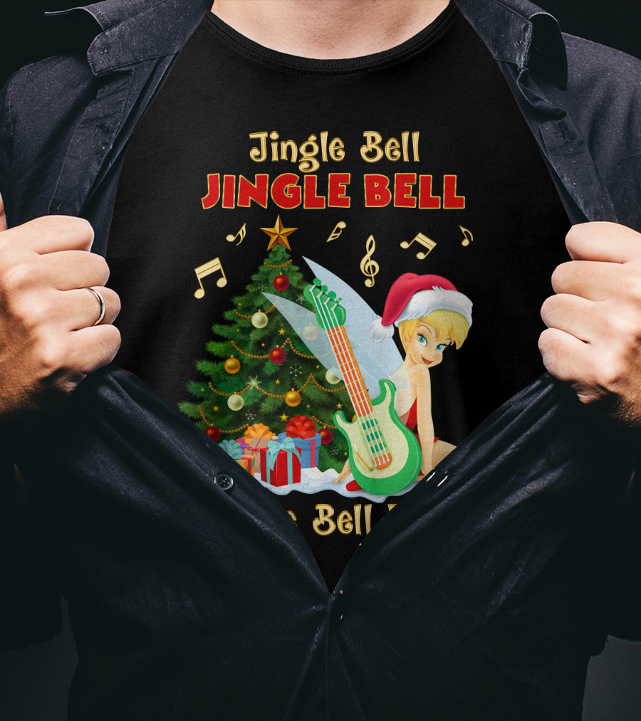 Jingle Bell Jingle Bell Jingle Bell Rock Christmas Tinkerbell Santa Hat Guitar Tree Music T-Shirt