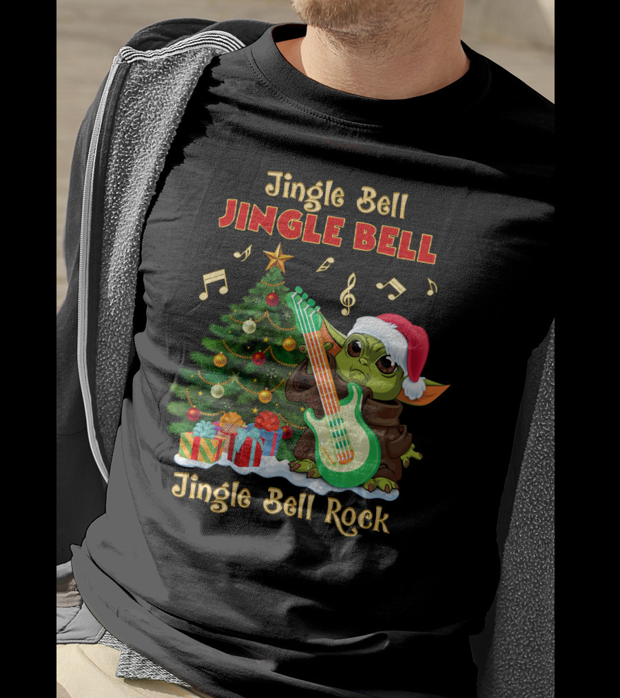 Jingle Bell Jingle Bell Rock Christmas Tree Yoda Santa Hat Guitar Music Notes T-Shirt