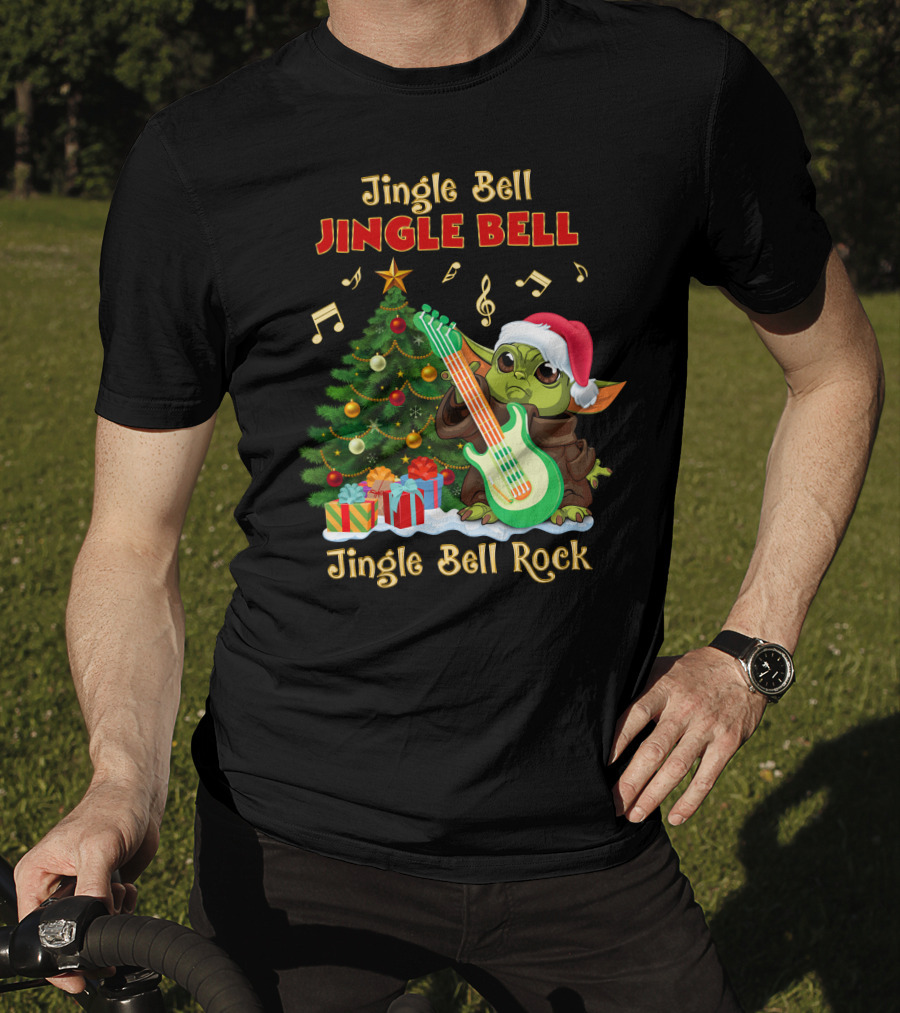 Jingle Bell Jingle Bell Rock Christmas Tree Yoda Santa Hat Guitar Music Notes T-Shirt