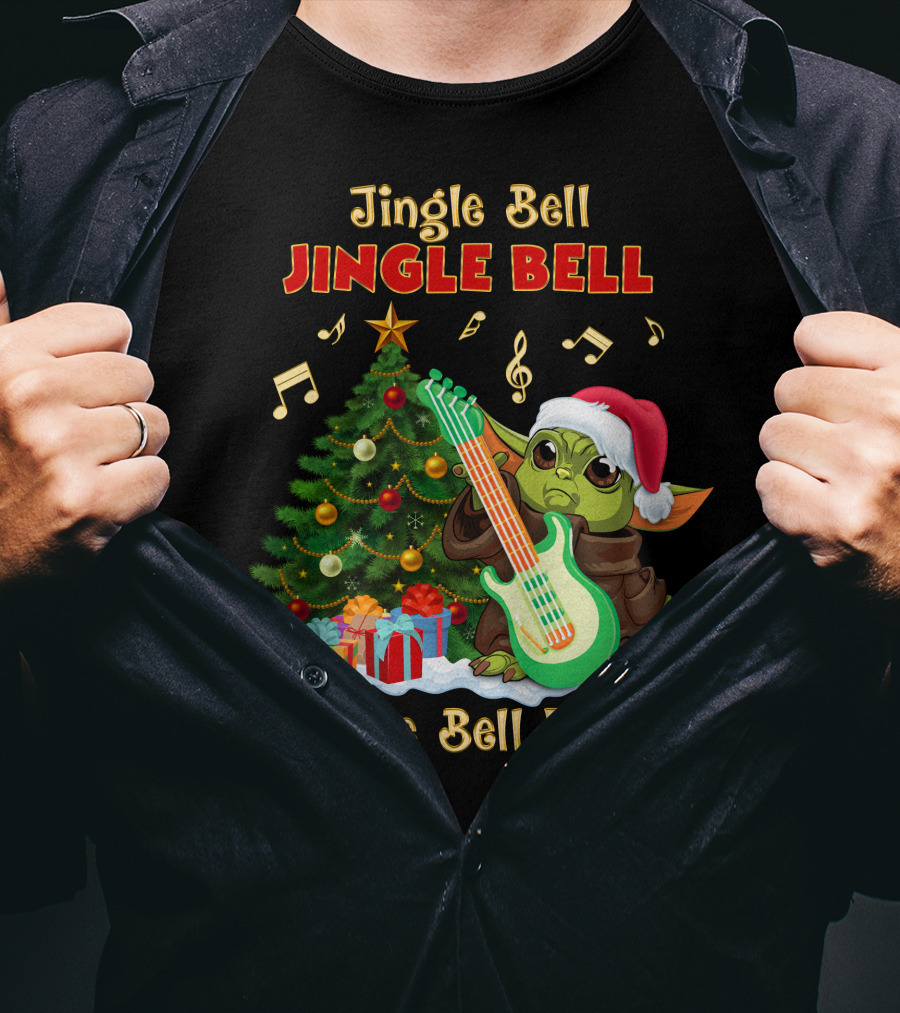 Jingle Bell Jingle Bell Rock Christmas Tree Yoda Santa Hat Guitar Music Notes T-Shirt