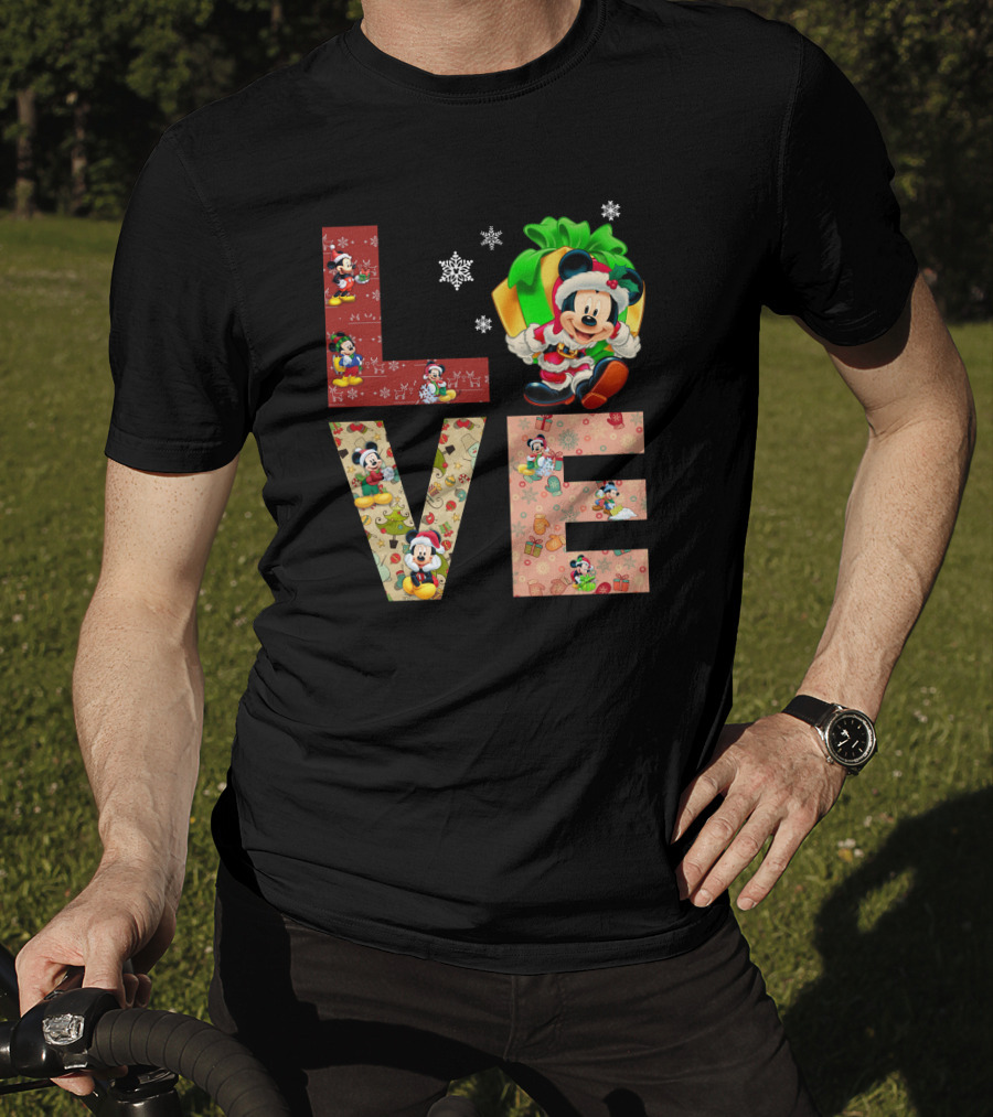 Love Mickey Mouse Christmas Santa Hat Snowflake T-Shirt
