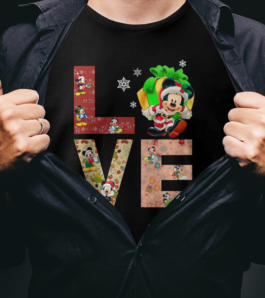 Love Mickey Mouse Christmas Santa Hat Snowflake T-Shirt