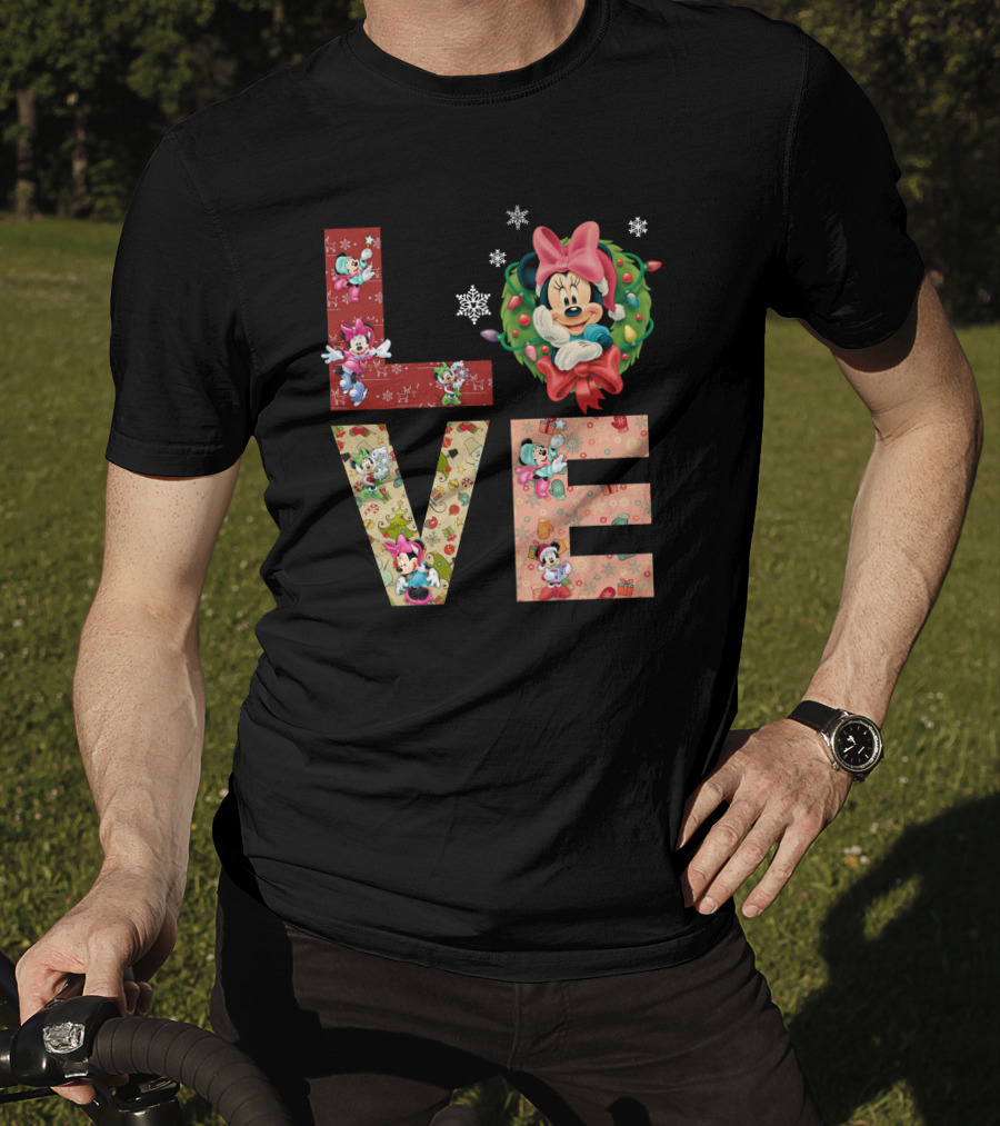 Minnie Mouse Christmas Love Snowflakes Holiday Wreath T-Shirt