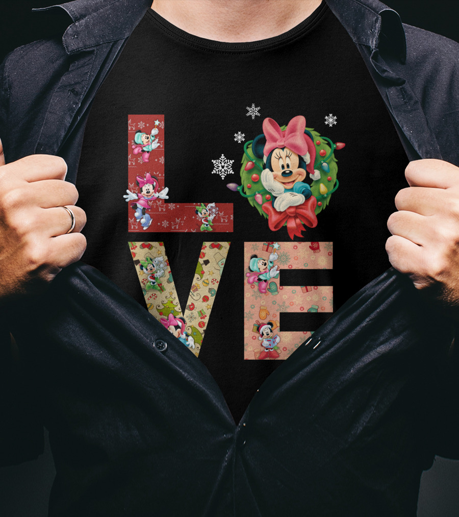 Love Minnie Mouse Christmas Wreath Holiday Snowflakes T-Shirt