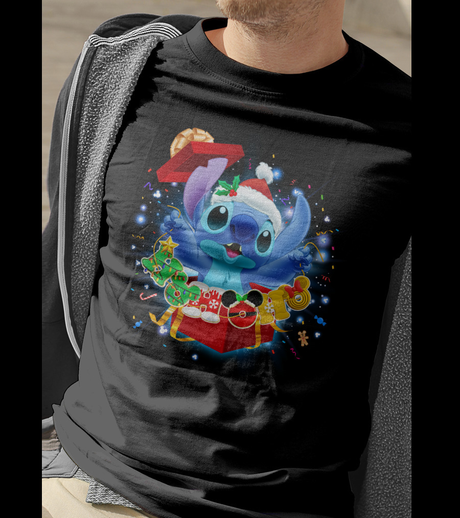 Stitch Christmas Celebration With Santa Hat And Festive Lights T-Shirt