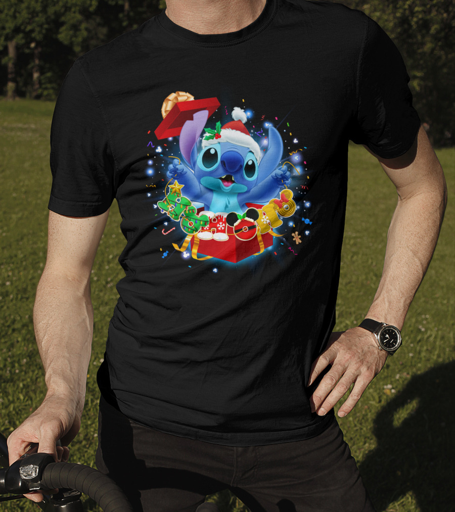 Stitch Christmas Celebration With Santa Hat And Festive Lights T-Shirt