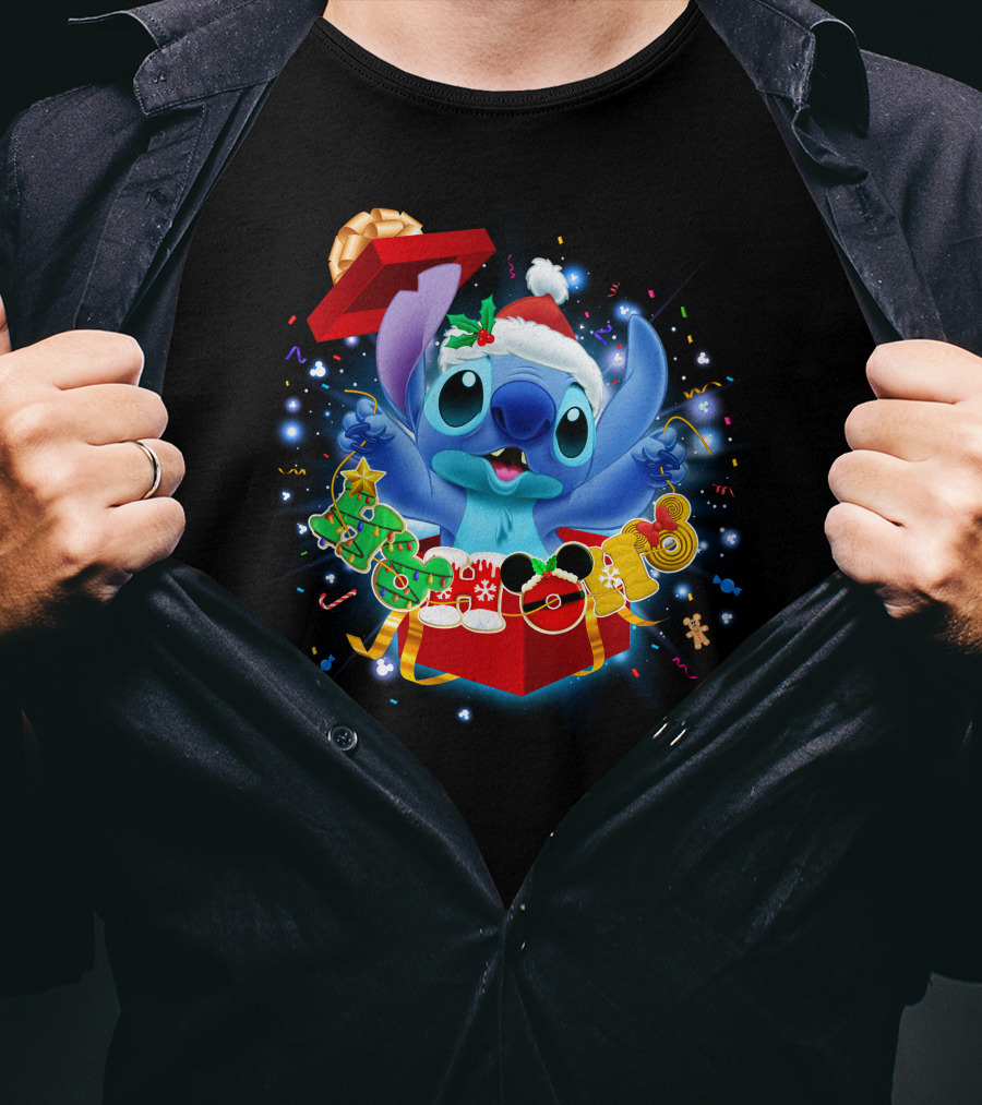 Stitch Christmas Celebration With Santa Hat And Festive Lights T-Shirt