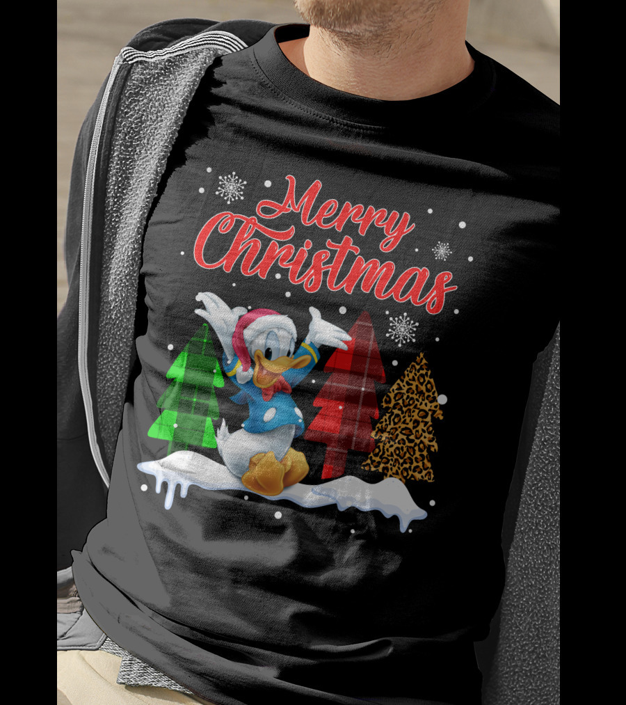 Merry Christmas Donald Duck With Festive Plaid And Leopard Trees T-Shirt