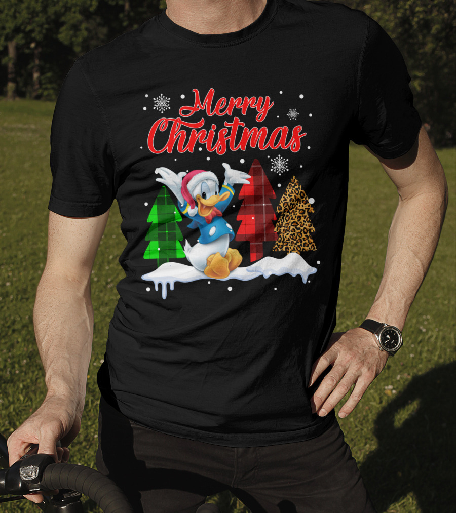Merry Christmas Donald Duck With Festive Plaid And Leopard Trees T-Shirt